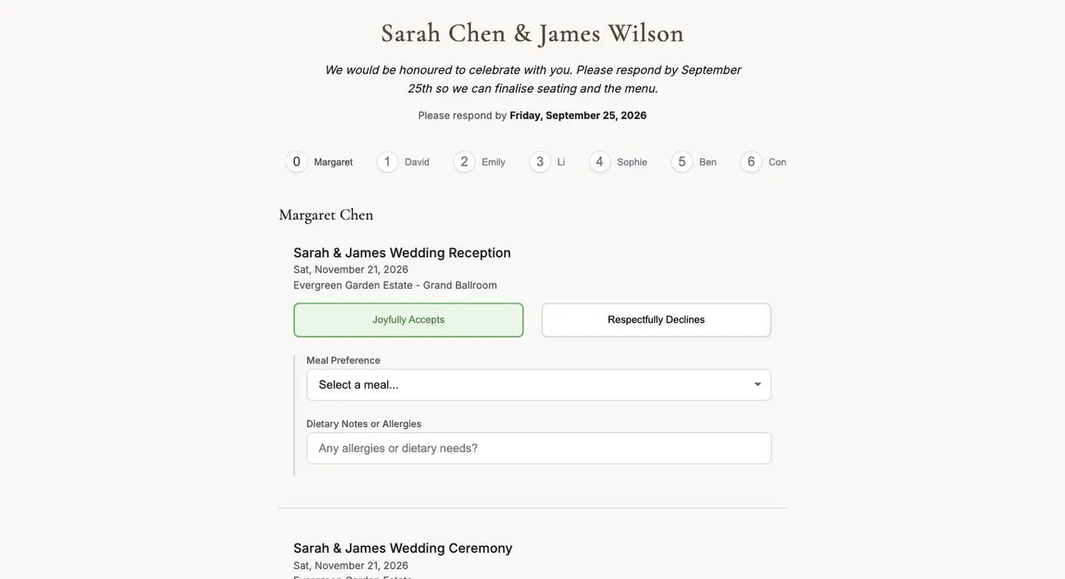 Public guest-facing RSVP form addressed by token, with per-guest and per-event responses and meal preferences