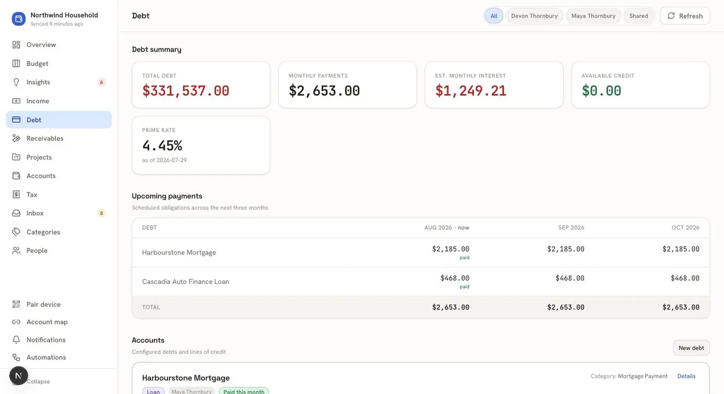 Stash debt view showing total debt, monthly payments, estimated monthly interest, prime rate, and a three-month upcoming payment matrix