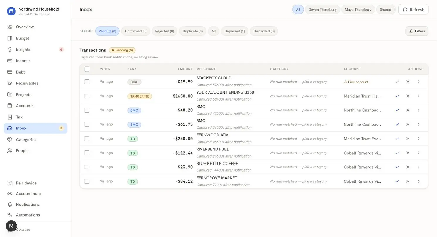 Stash inbox showing eight captured bank notifications with status facets, parsed merchants, amounts, and mapped accounts